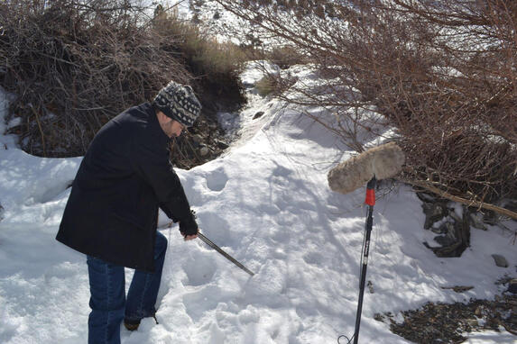Recording a sword through snow and shattering on ice for Frozen.